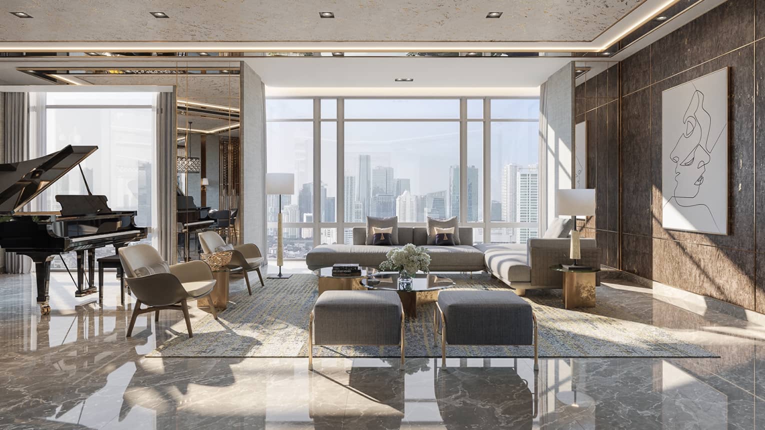 Living room with floor to ceiling windows, grey sofas, and a black grand piano