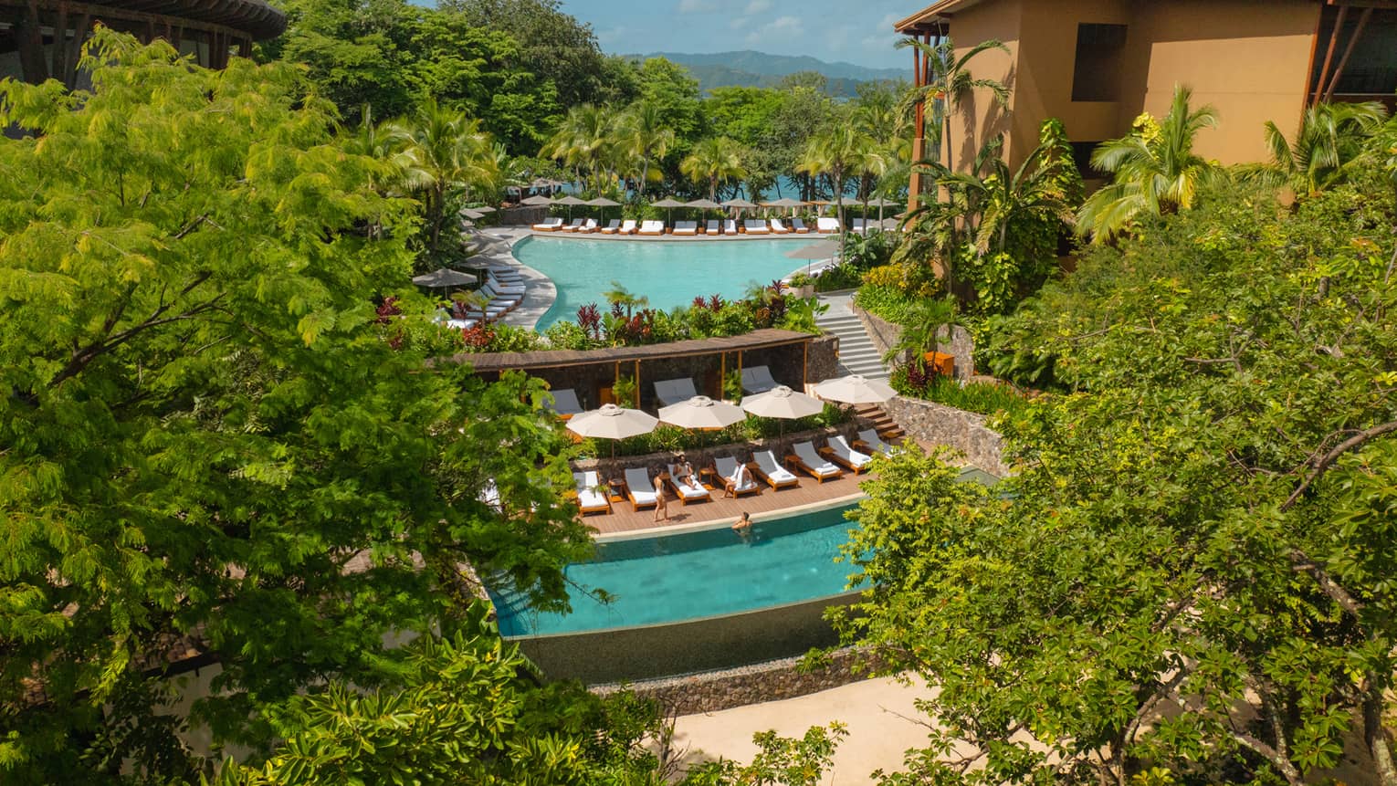 Aerial view of multi-level pool area surrounded by trees