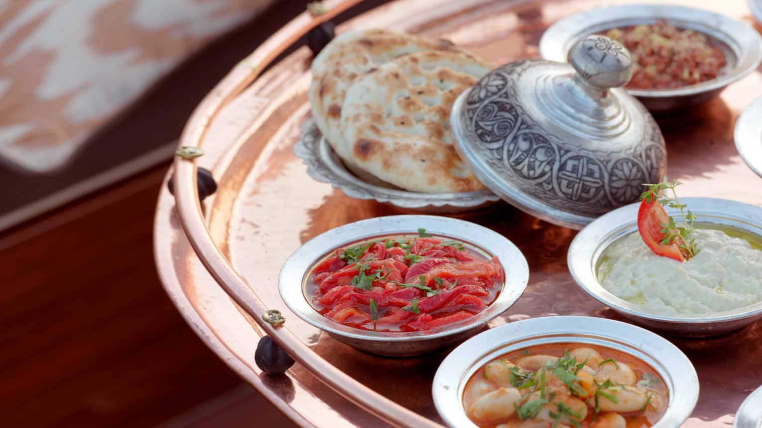 Small Mezze dishes on brass platter
