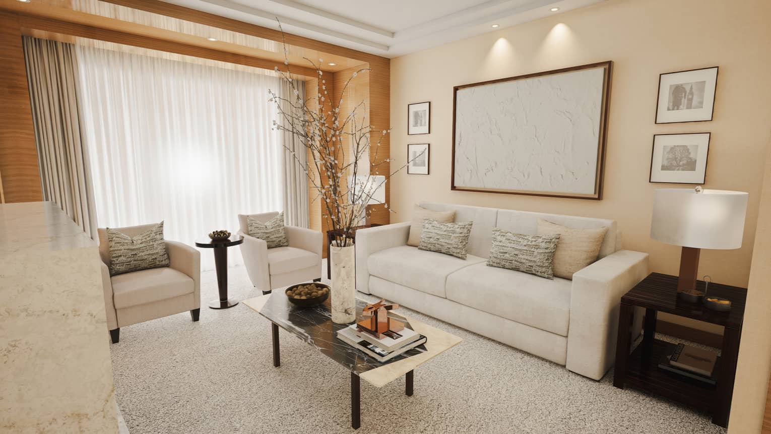 Hotel suite living room featuring ivory sofa, arm chairs and carpet