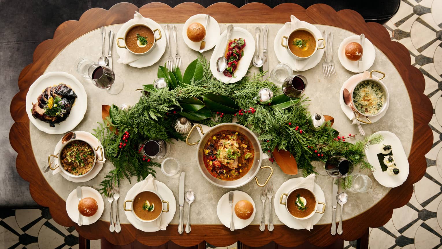 A large table with various foods.