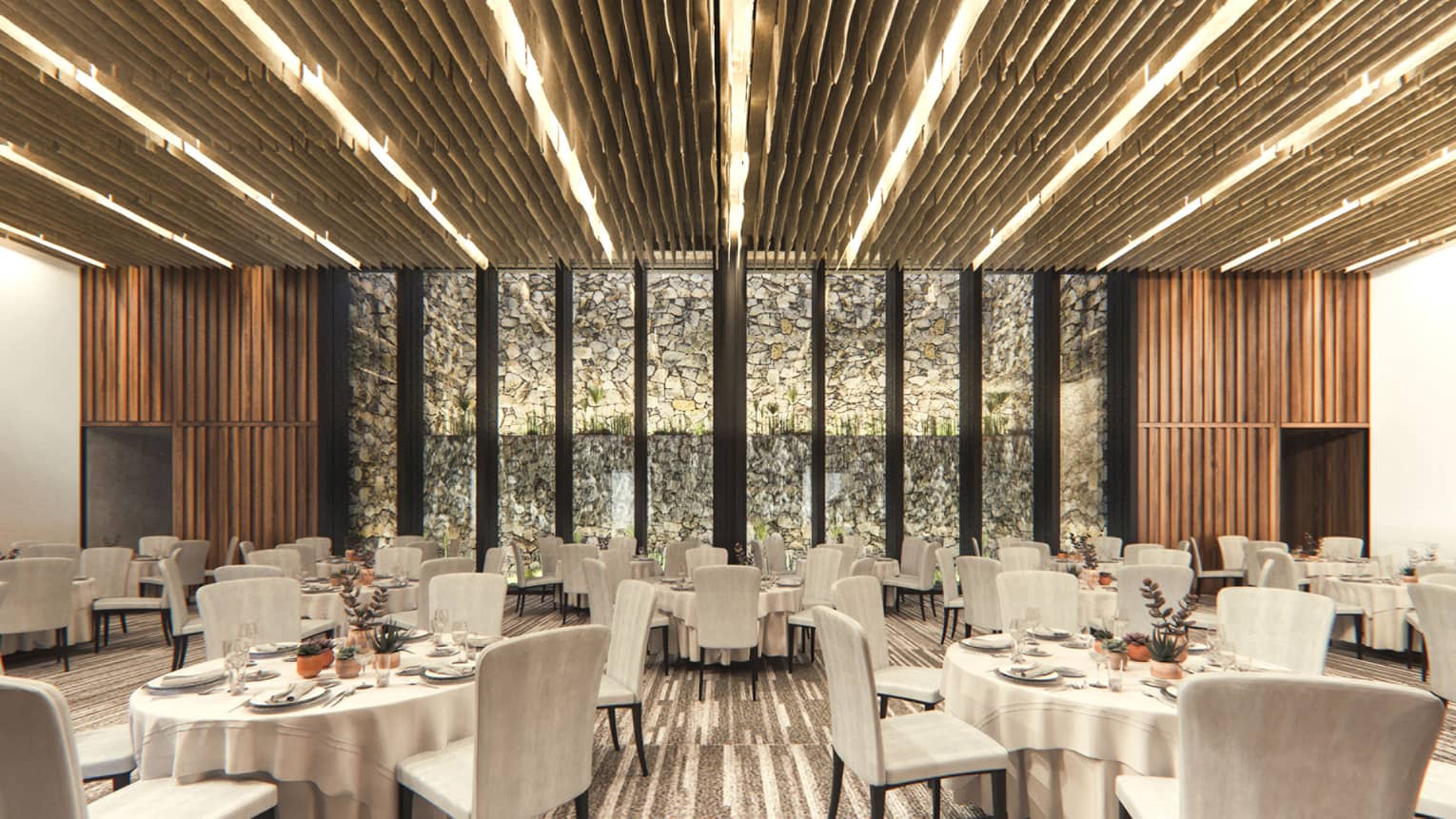 Rendering of an indoor ballroom with banquet tables