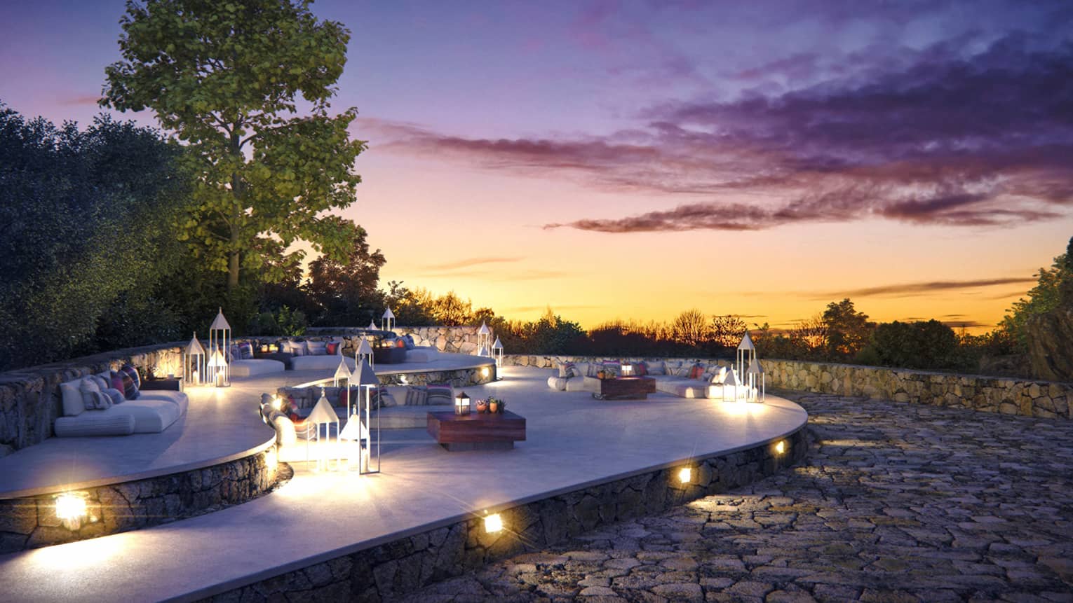 Outdoor terrace patio illuminated at night