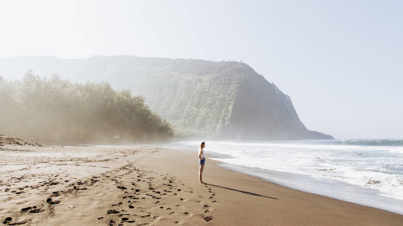 On caramel-coloured sand dotted by footprints, a beachgoer gazes into the ocean; a lush, misty mountain in the background.