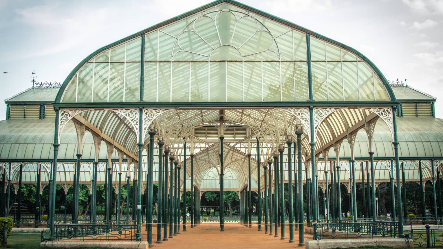 Arched entrance to Glasshouse at Lalbagh Gardens in Bangalore, India