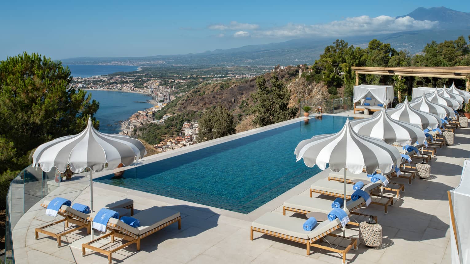 Rectangular pool, lounge chairs and umbrellas overlooking sea and Mount Etna