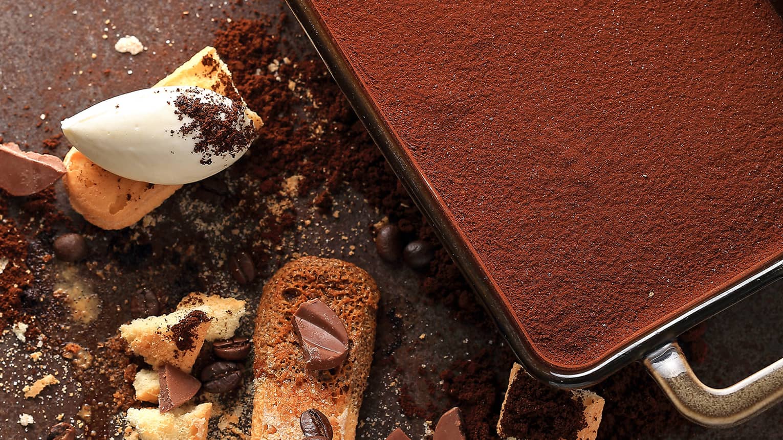Looking down at cocoa cake topping, chocolate pieces,Tiramisu ingredients 