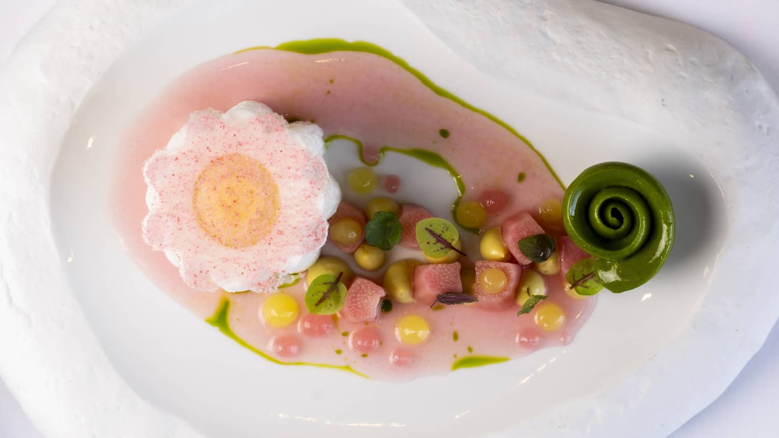 An artistic plate with a textured rim holds colourful food items with colourful garnishes and a pink sauce.