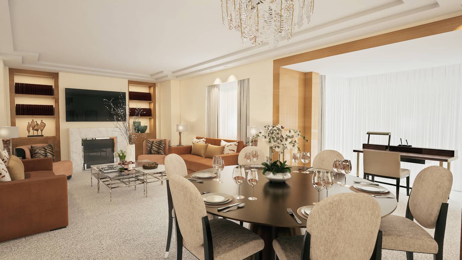Hotel suite featuring a living area and dining area with chandelier