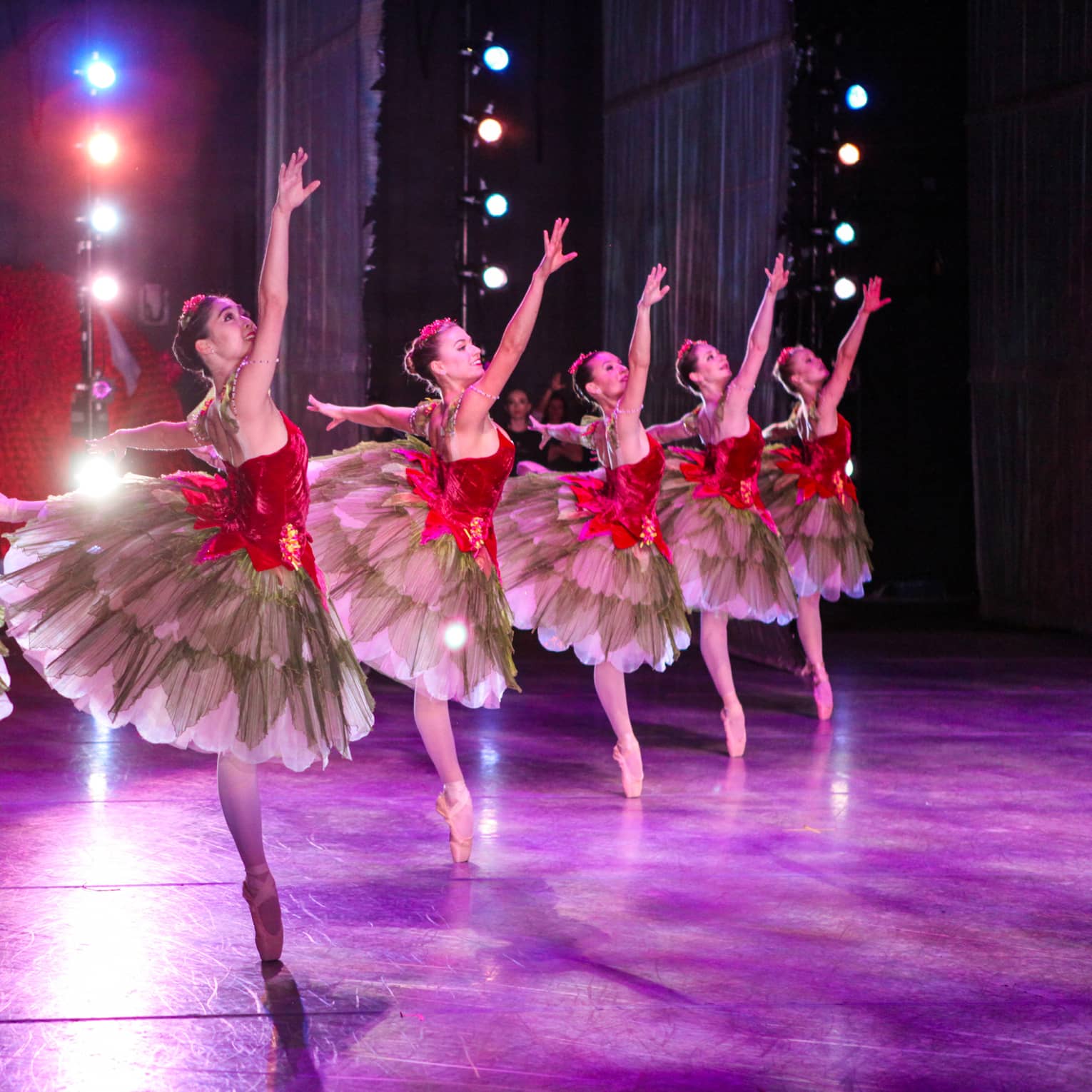 Ballet point dancers on stage in a diagonal row