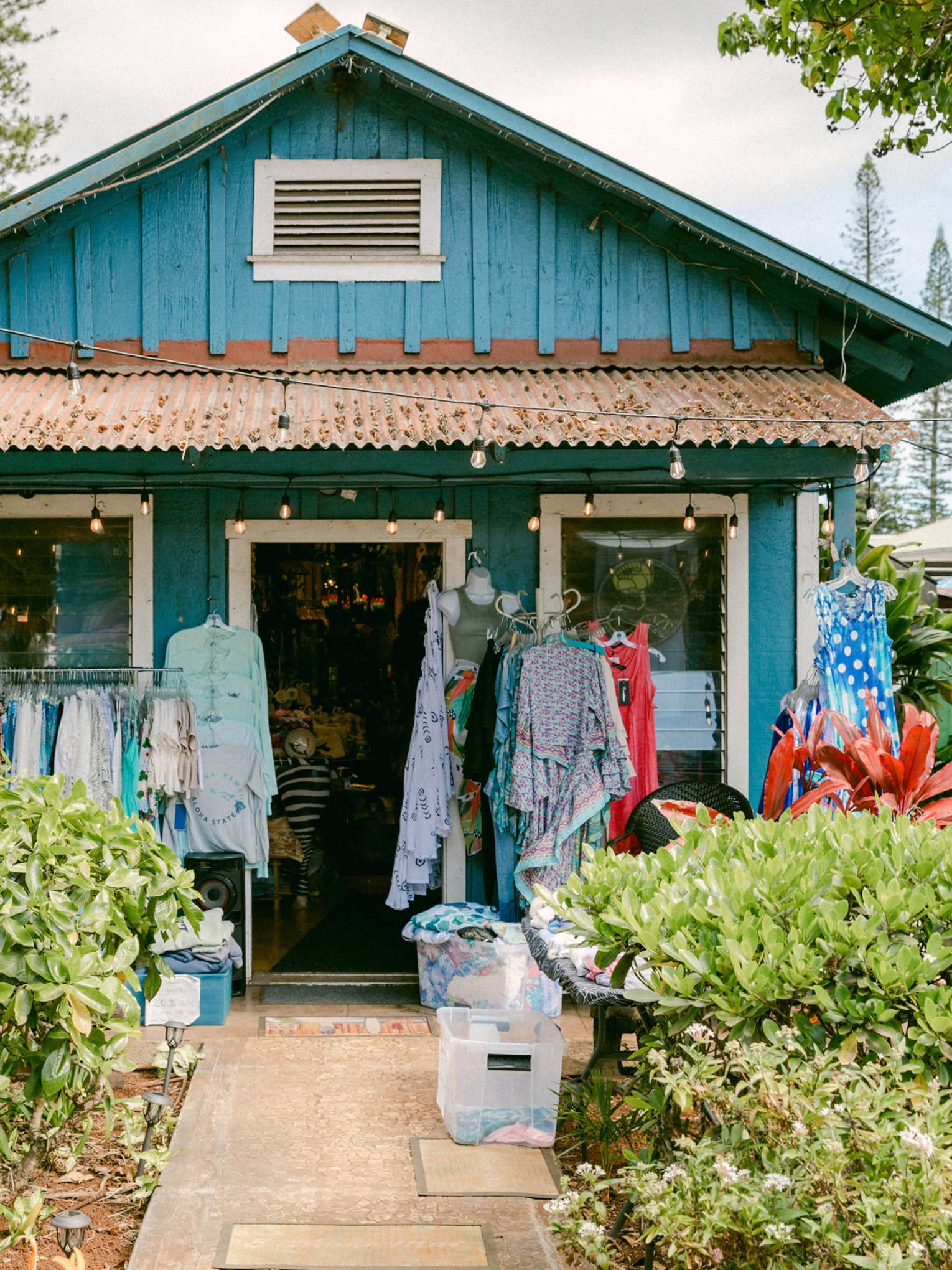 A shop in a small bright turquoise house surrounded by greenery