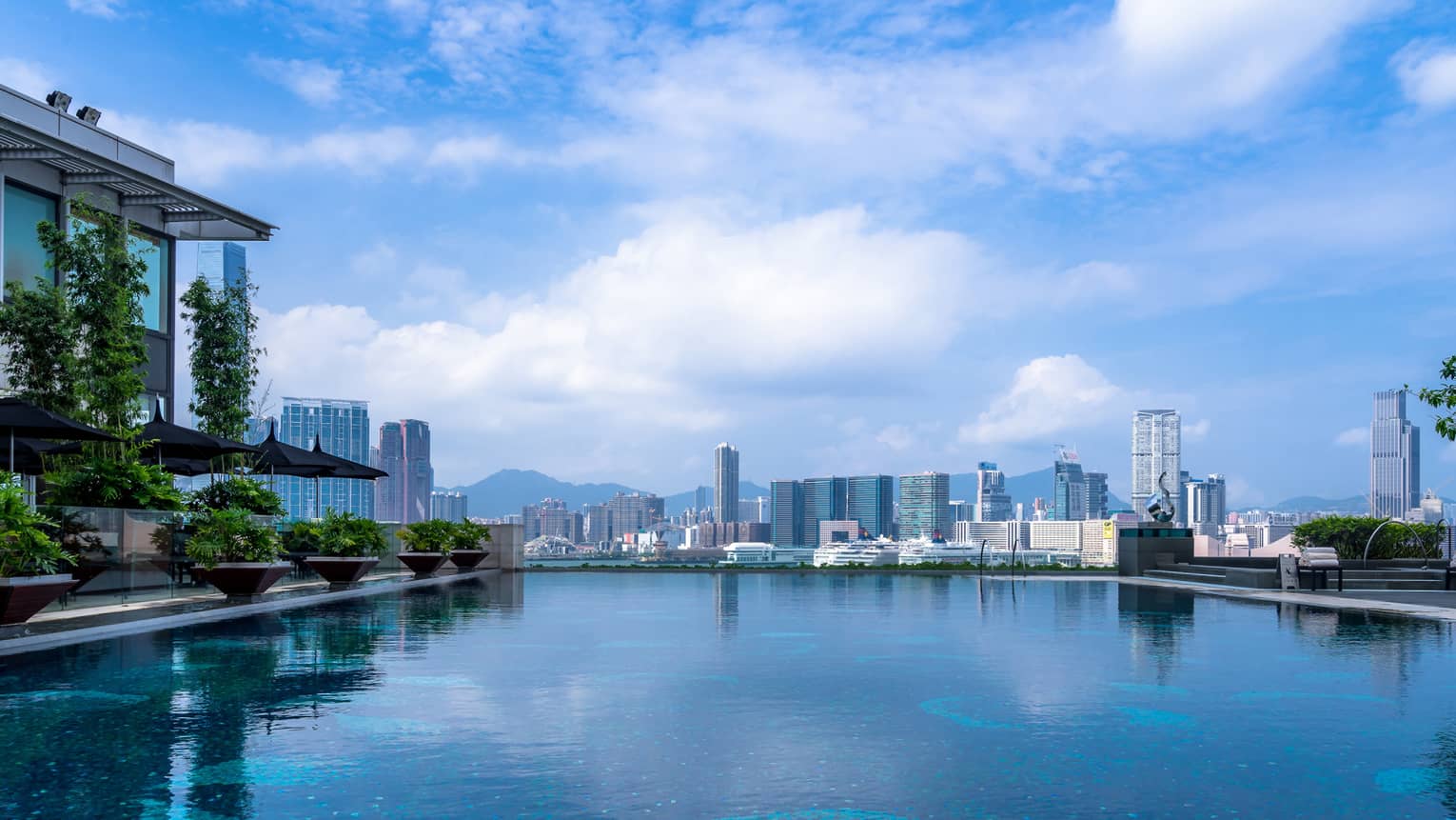 An infinity pool with blue water reflecting the sky, surrounded by potted plants and shaded lounge chairs. A city skyline, including the harbour, is visible.