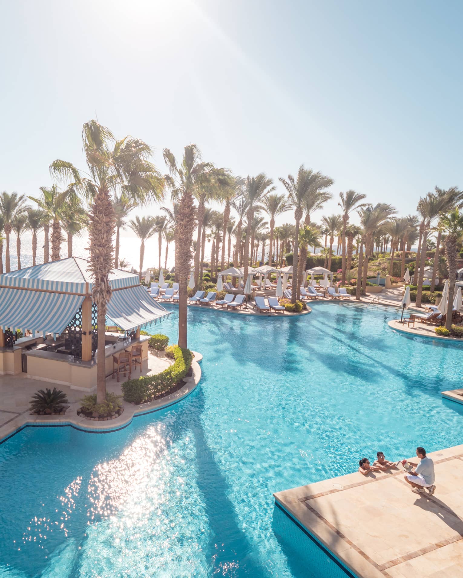 Palm trees shade the turquoise water of a large swimming pool lined with deck chairs and surrounding a central cabana bar.