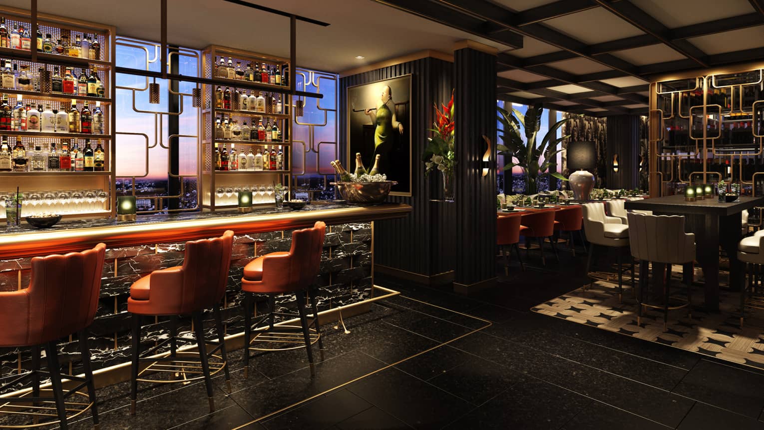 Lounge with three orange high-top chairs at bar, dining table, dark wood floors