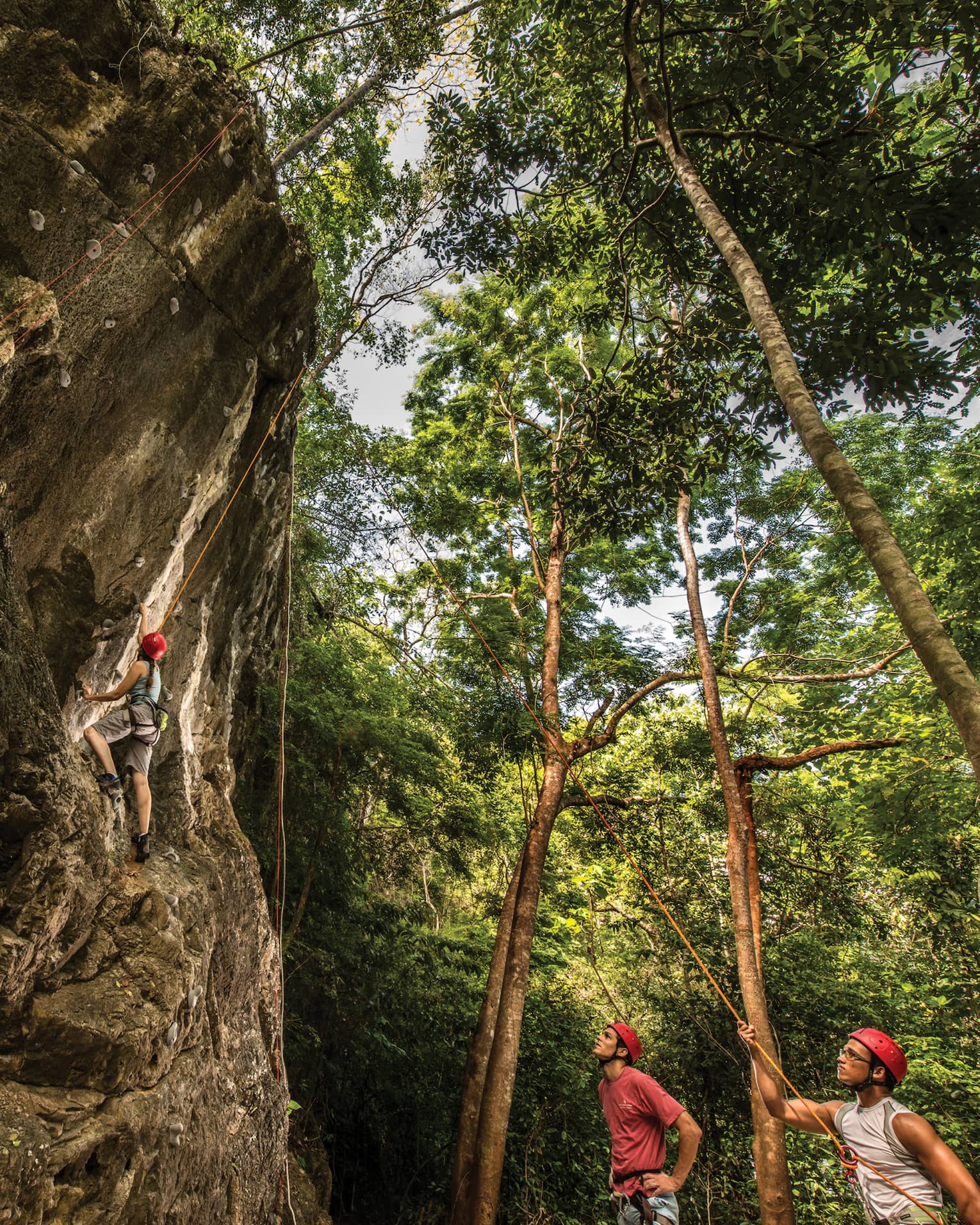 Two men in rock climbing helmets look up as woman scales large rock face