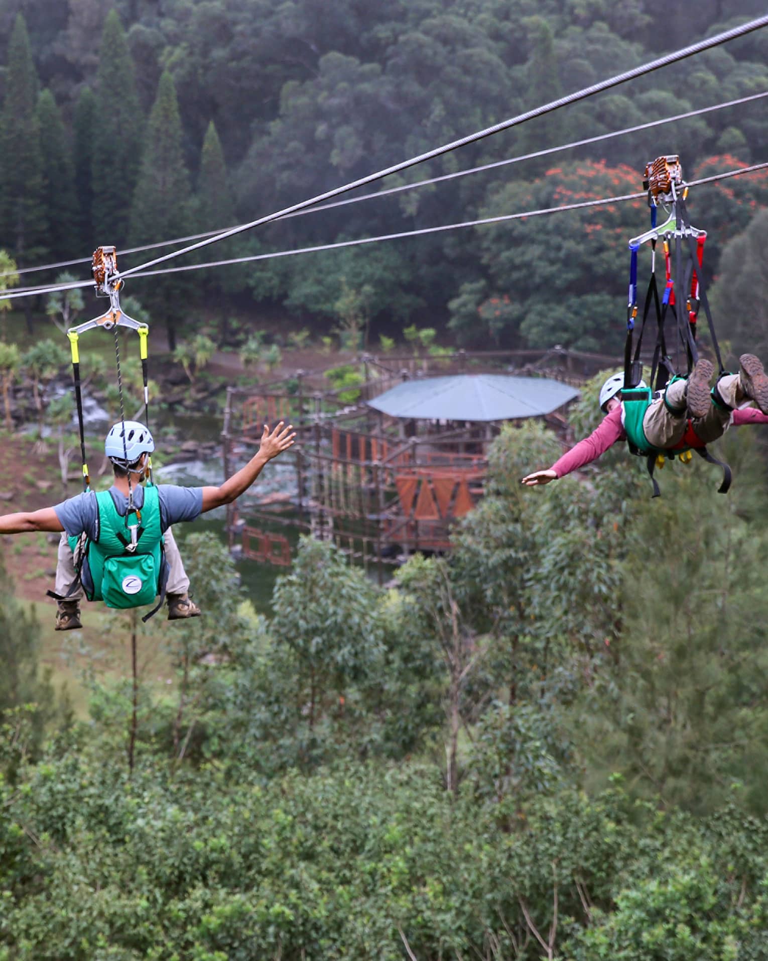 Adventure Park, two people glide down zip lines high above trees over mountain