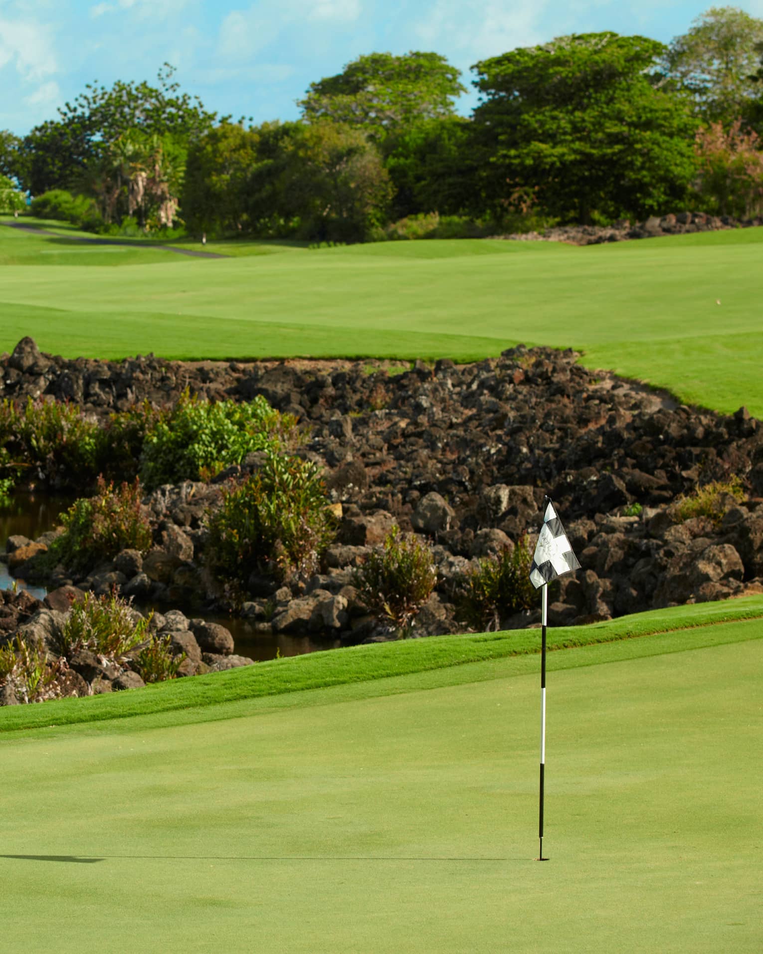 Flag, pole on golf course green near rocks, water 