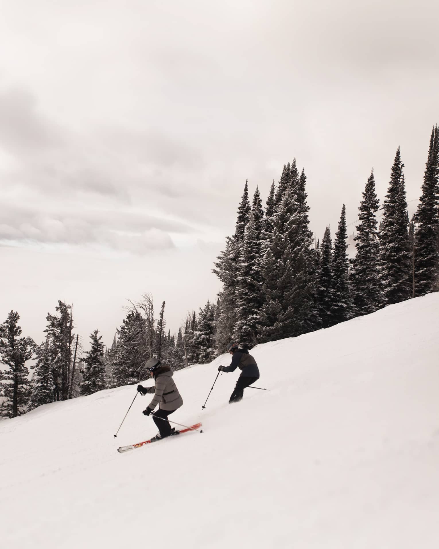 Arial view of two skiers descending a snow covered slope 