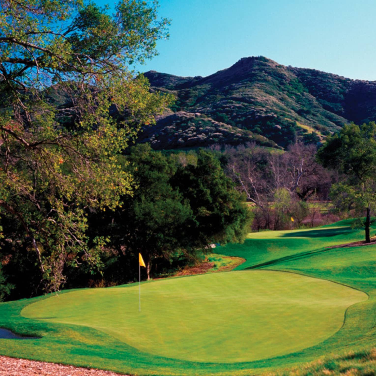 A golf course with a beautiful mountain in the background.