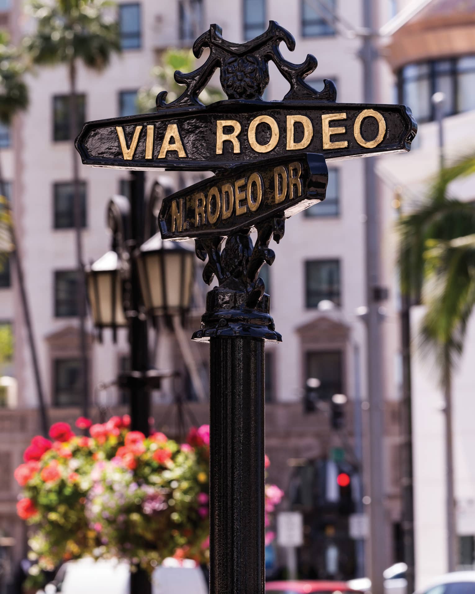 Wrought iron post with Rodeo Drive street signs, palm trees and flowers in background