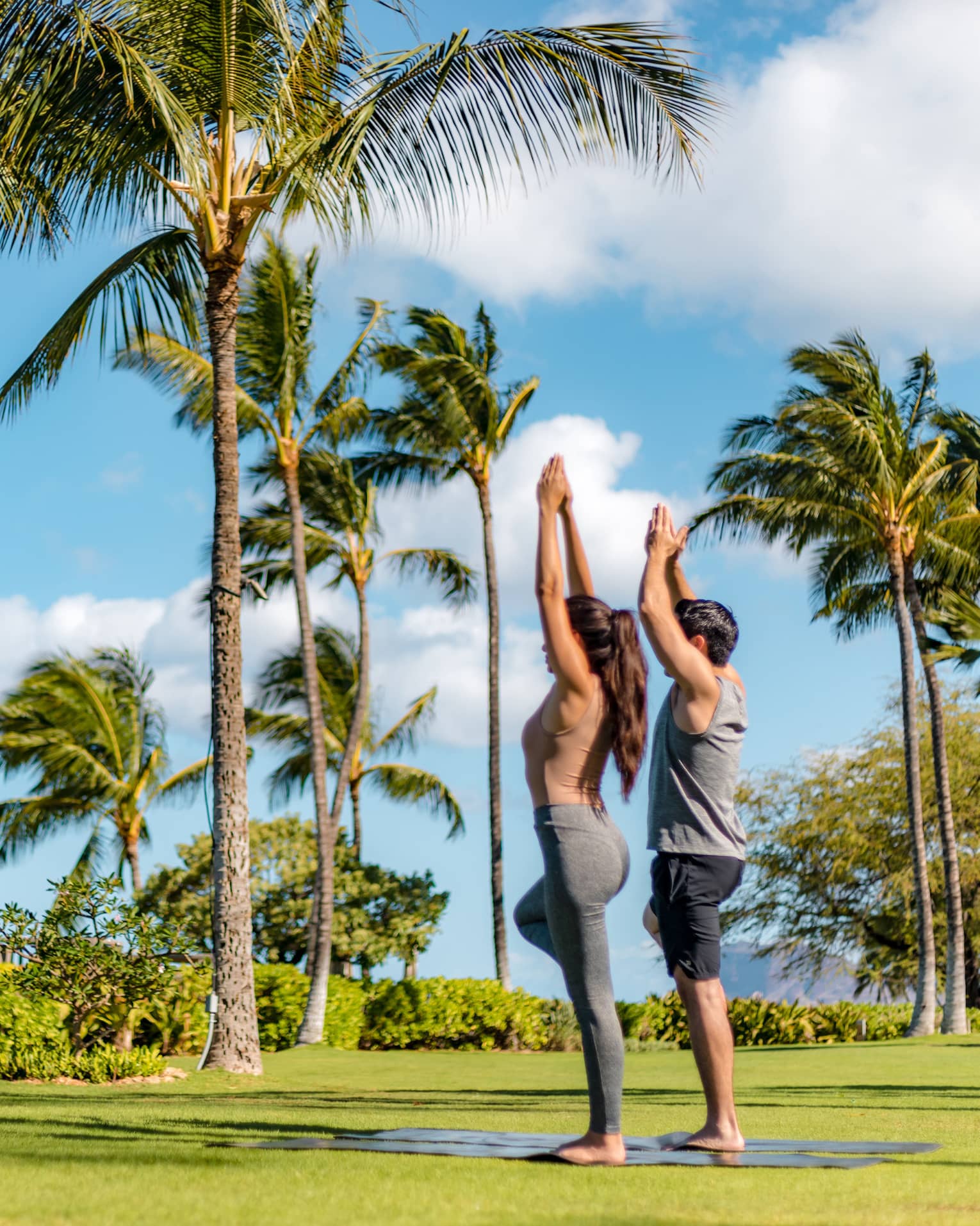 Two people stand in tree pose next to tall palm trees on Resort's Ocean Lawn