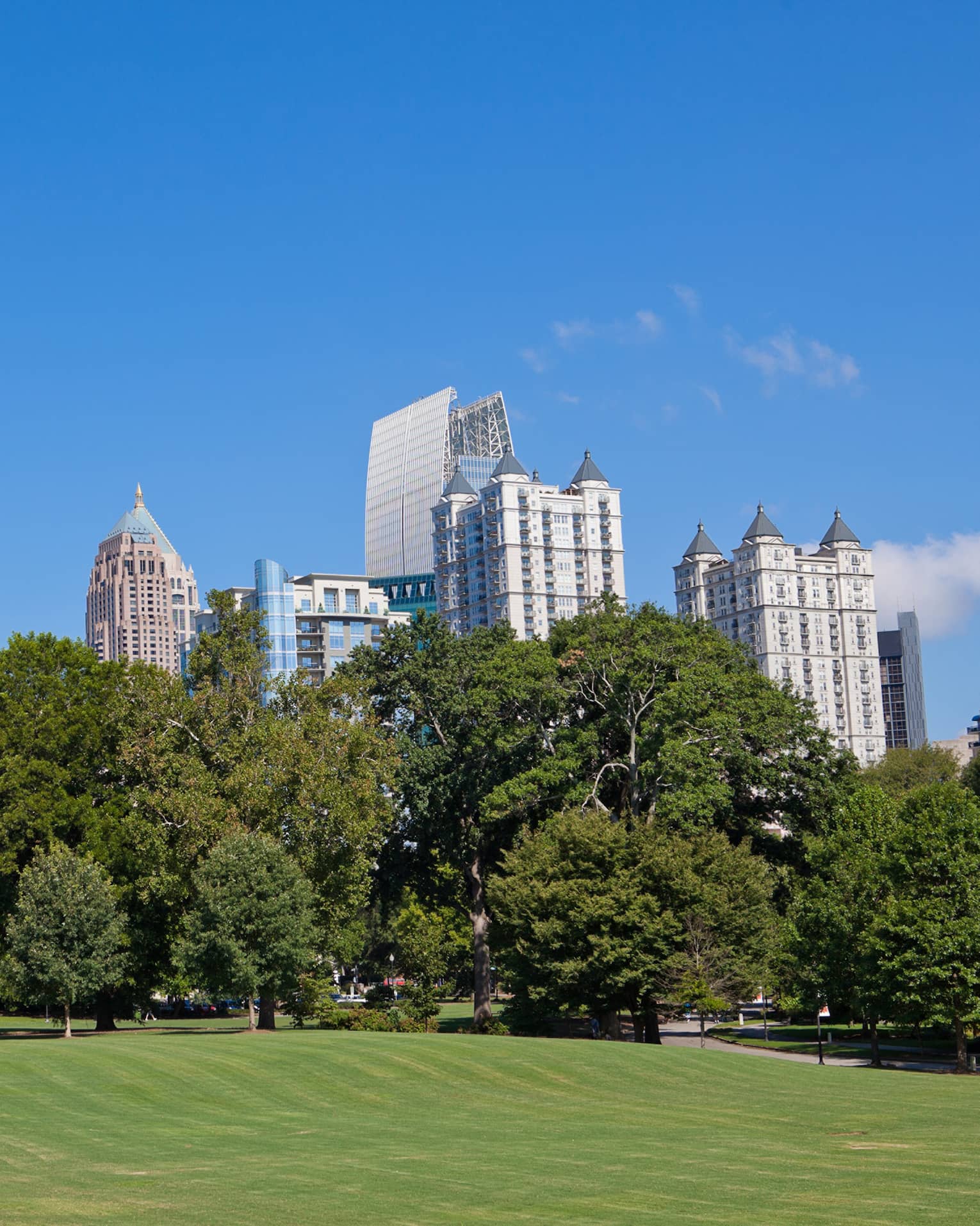A park with large skyscrapers in the distance.
