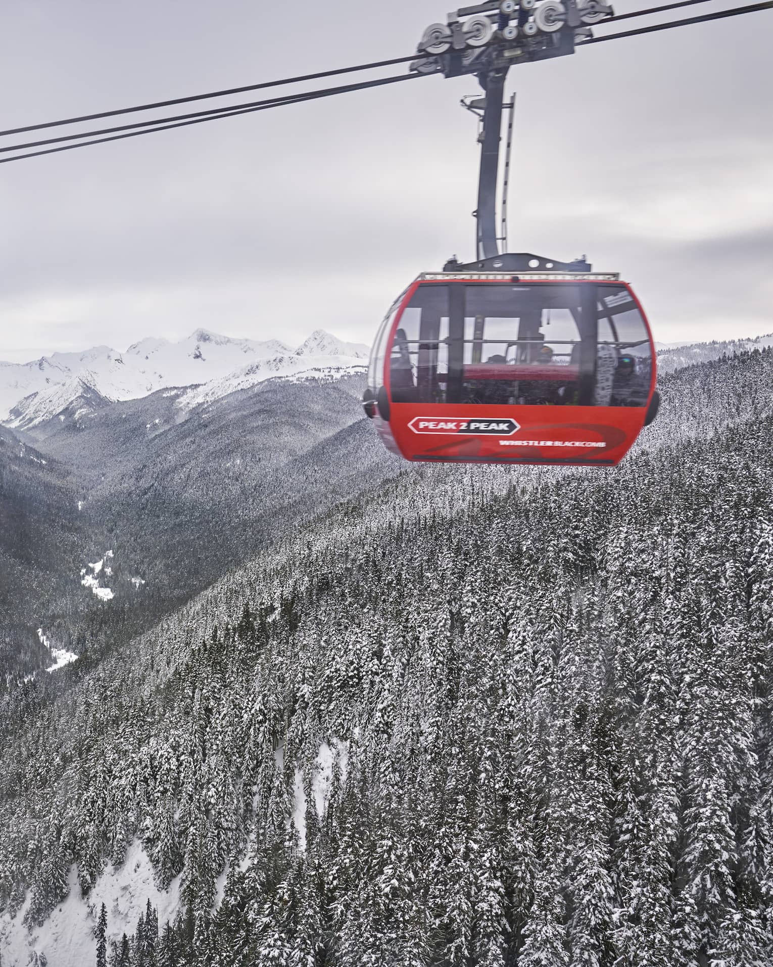 A bright red cable car suspended over a snow-covered mountain valley with trees below and snowy peaks in the background