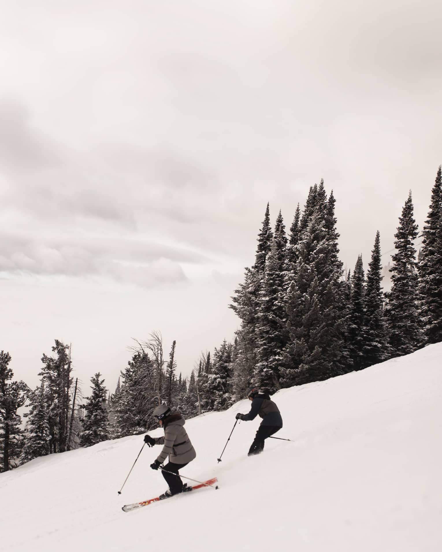 Arial view of two skiers descending a snow covered slope