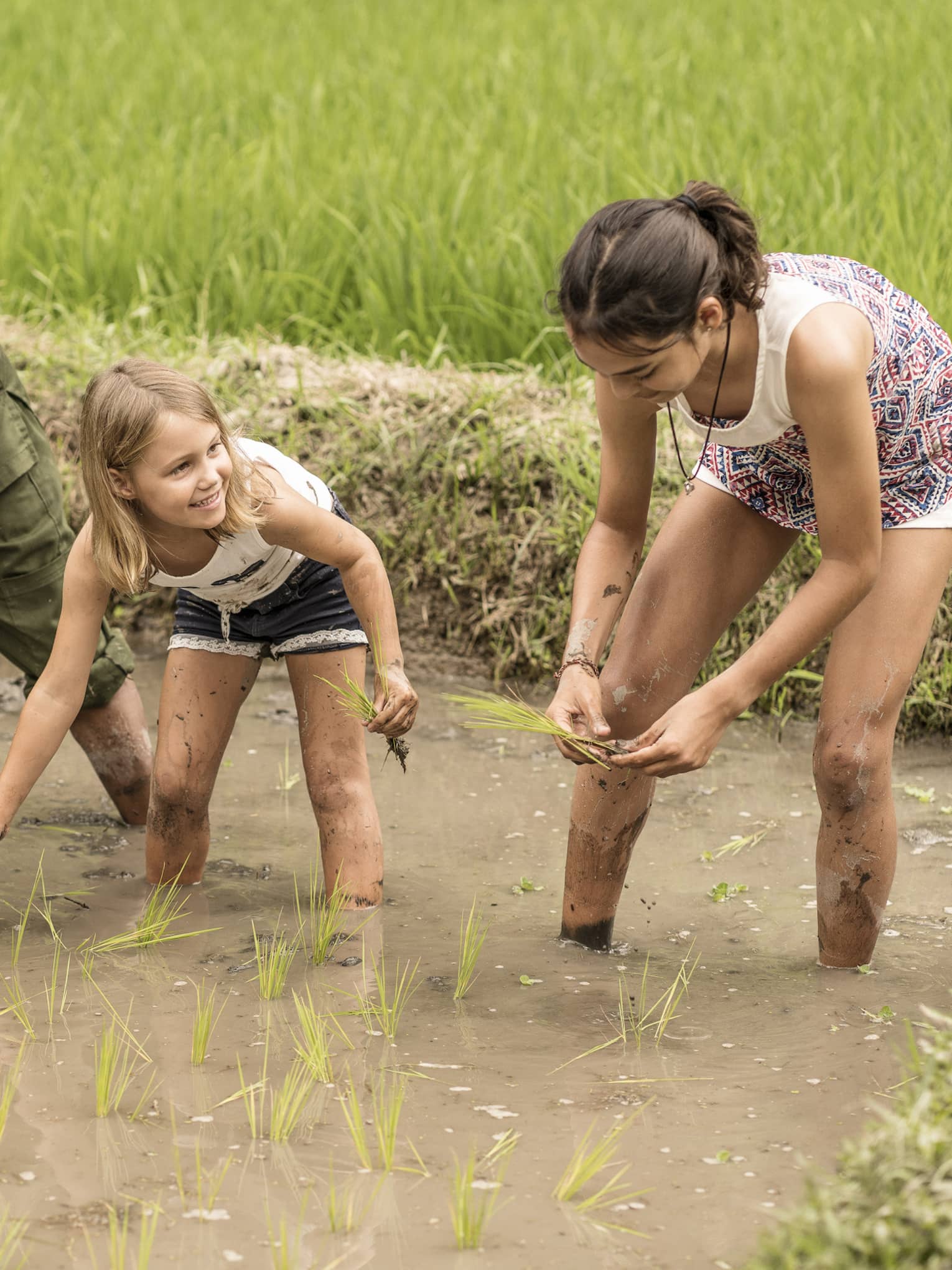 Four Seasons guests work in a rice field alongside a balinese farmer