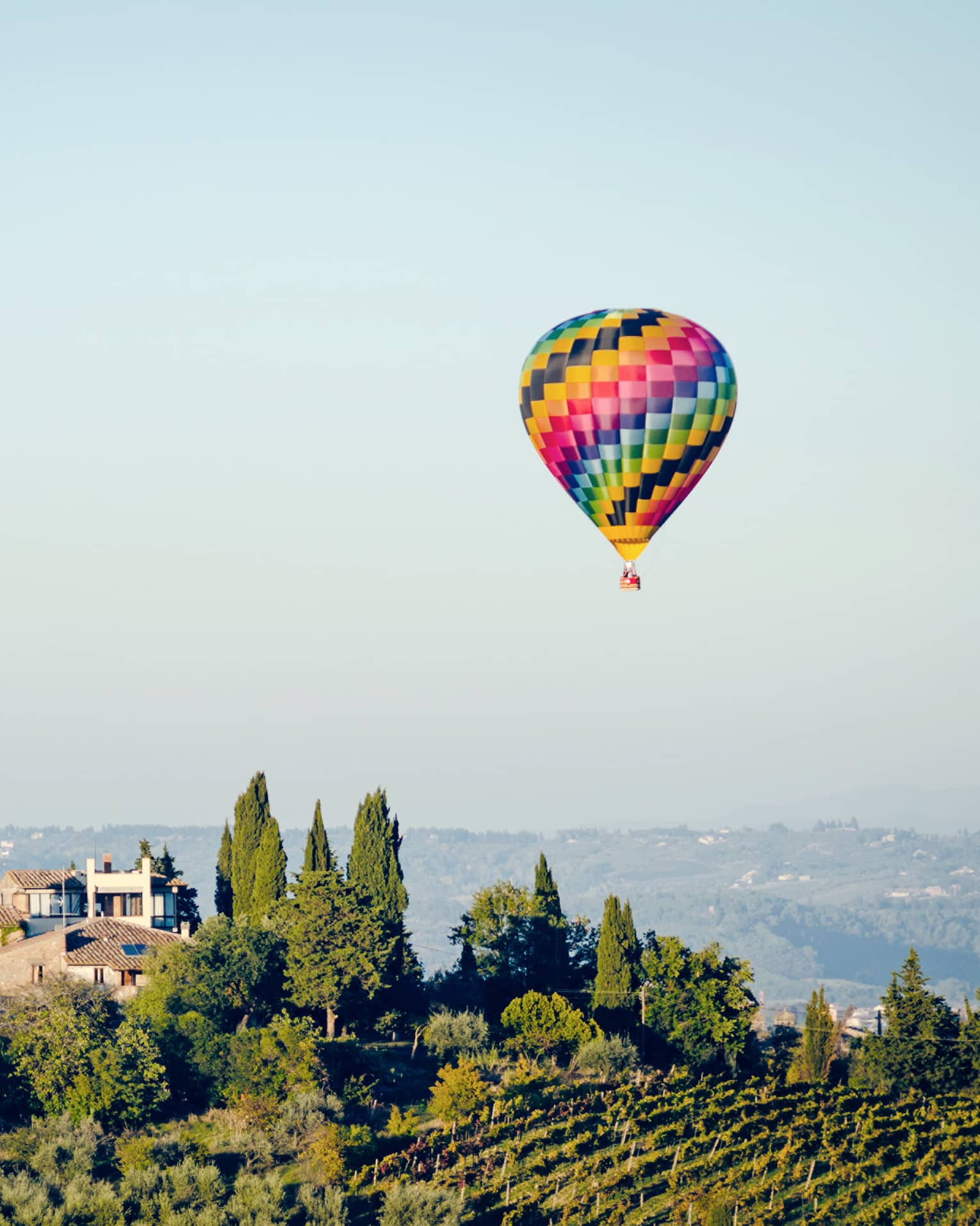 Colourful hot air balloon floating above a landscape with trees and houses, set against a clear blue sky.		