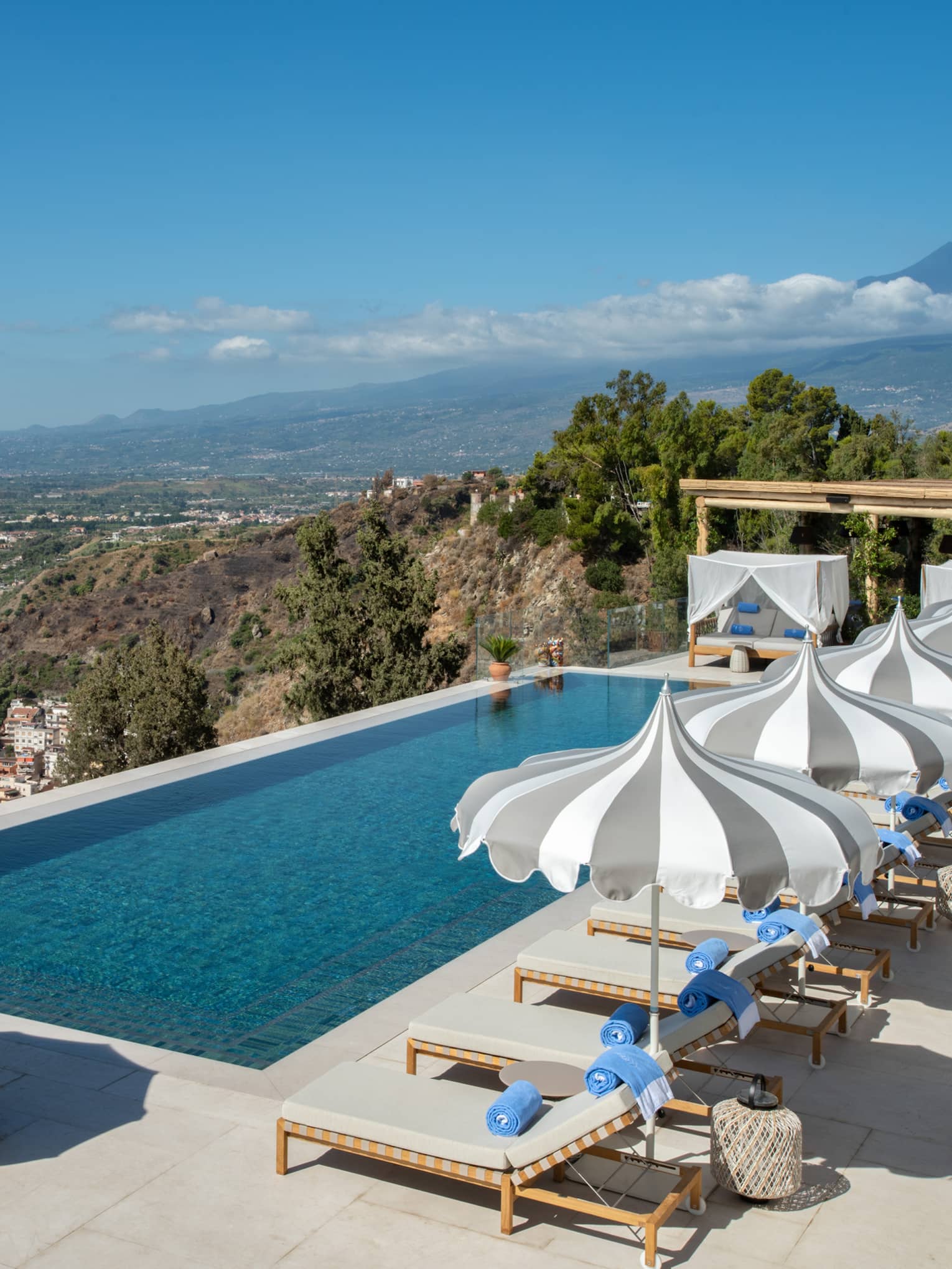 Rectangular pool, lounge chairs and umbrellas overlooking sea and Mount Etna