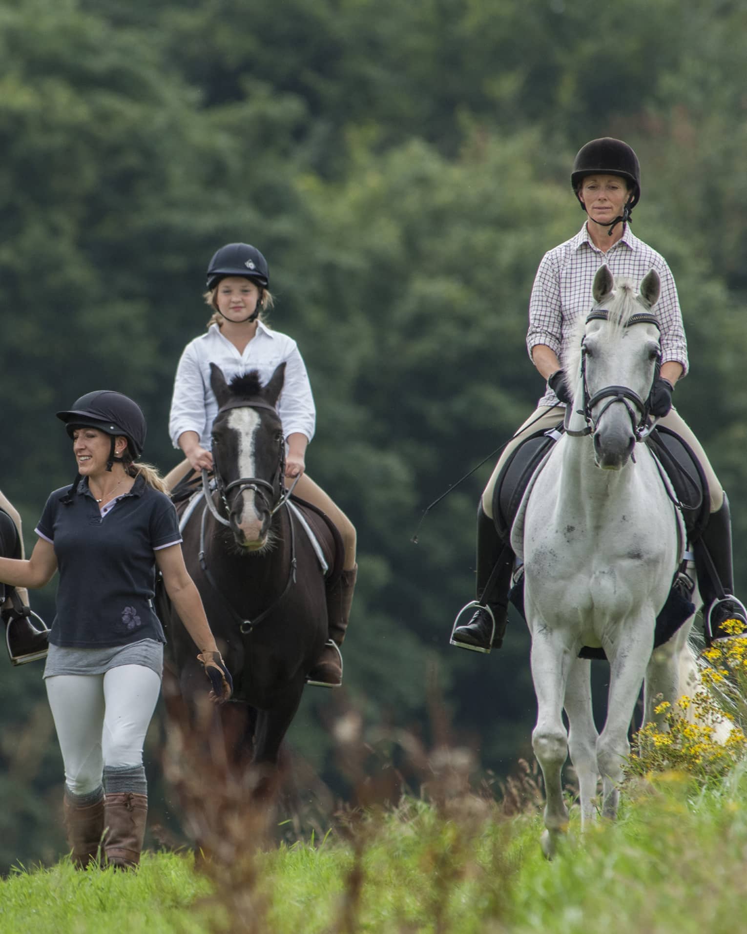 Three children wearing equestrian-style helmets, riding on horseback and led by trainer