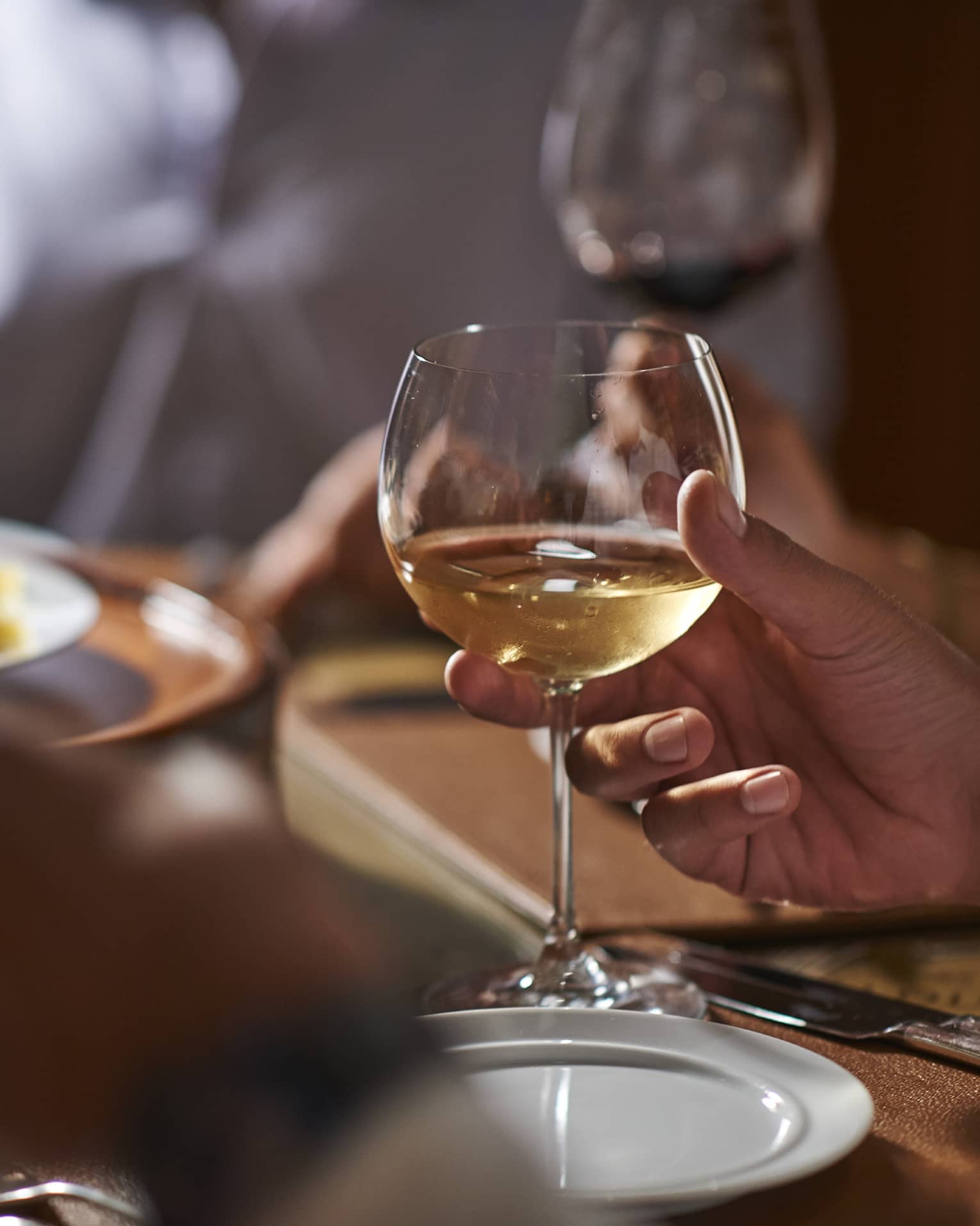 Close-up of hand holding wine glass by dinner plate on table