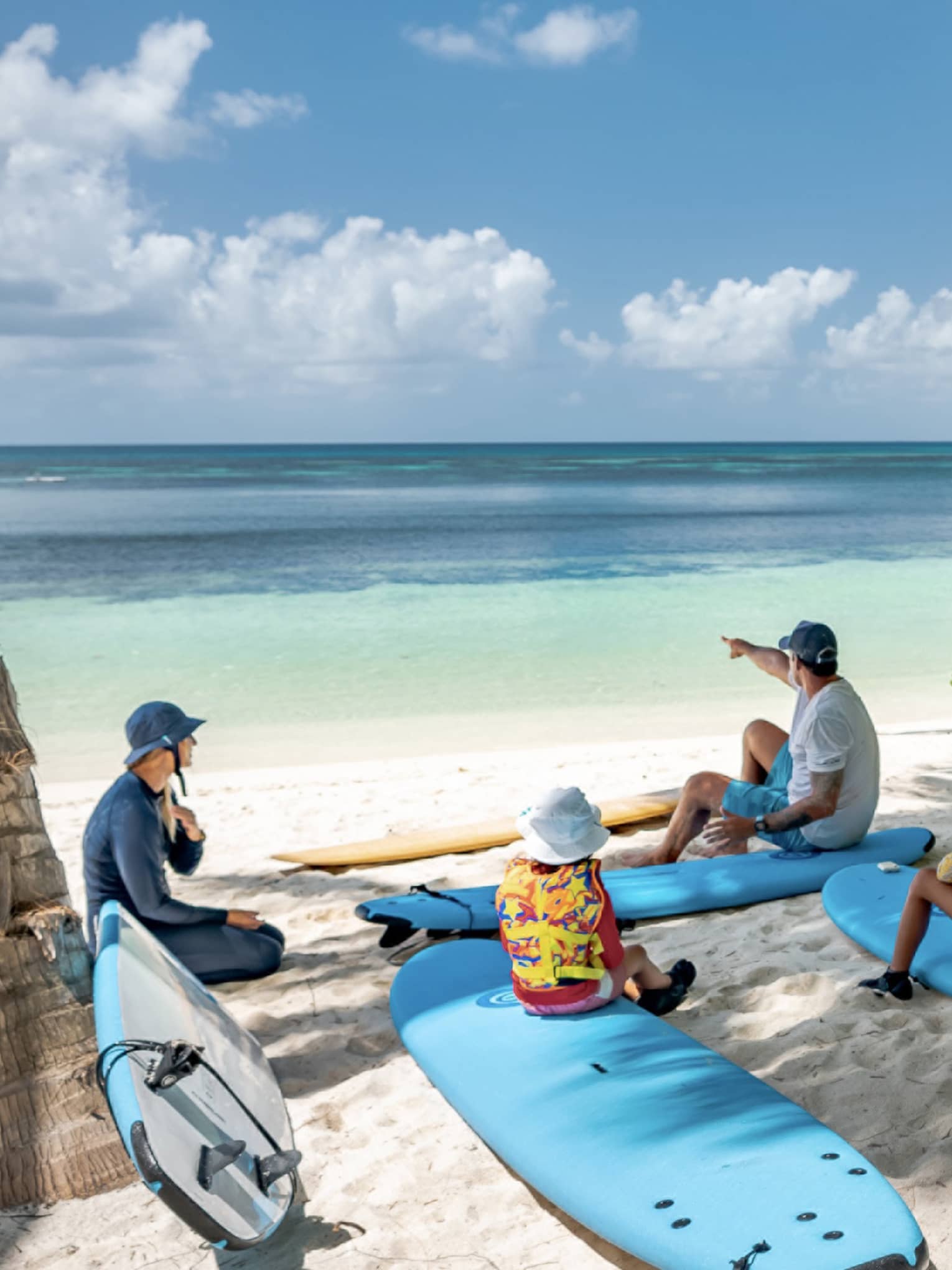 Children sit on surfboards under the shade of palm trees at the beach. One of their two instructors point at the clear water.