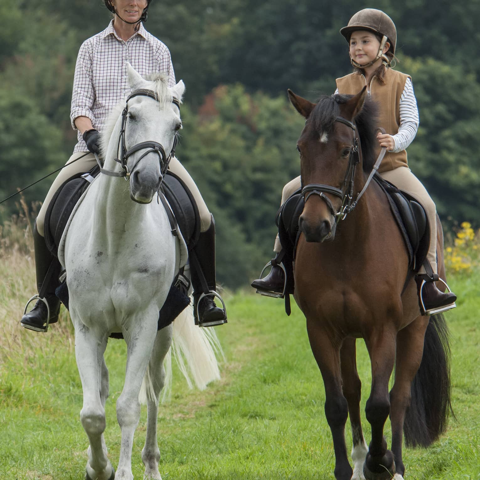 Front view of an adult and child riding horses along a trail in a verdant meadow, a forest of trees in the background.
