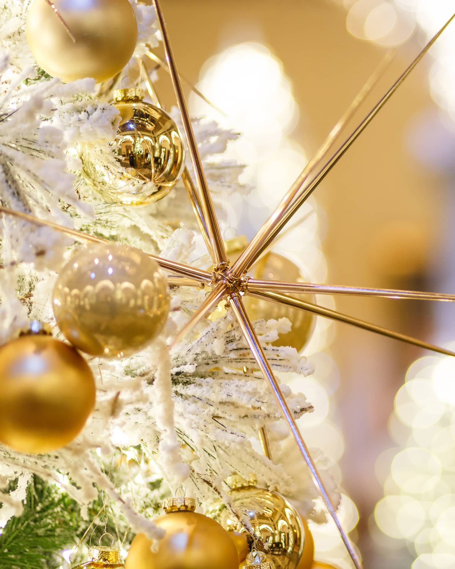 Close up of gold Christmas ornaments in the shape of a sphere and needles.