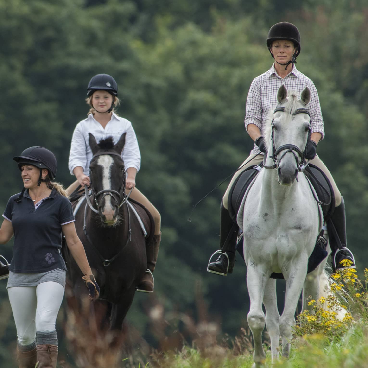 Three children wearing equestrian-style helmets, riding on horseback and led by trainer