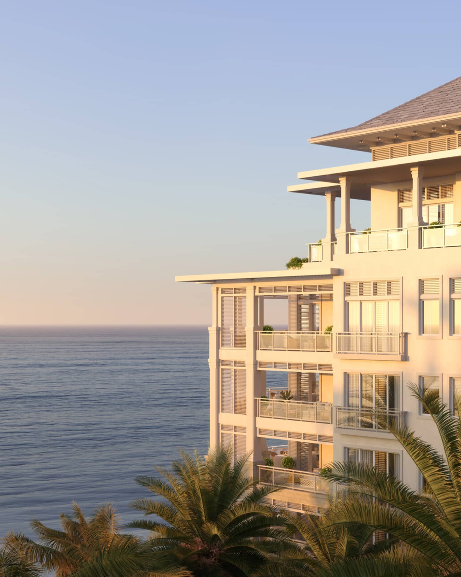 ,Rendering of the exterior a modern residence by the ocean at sunset