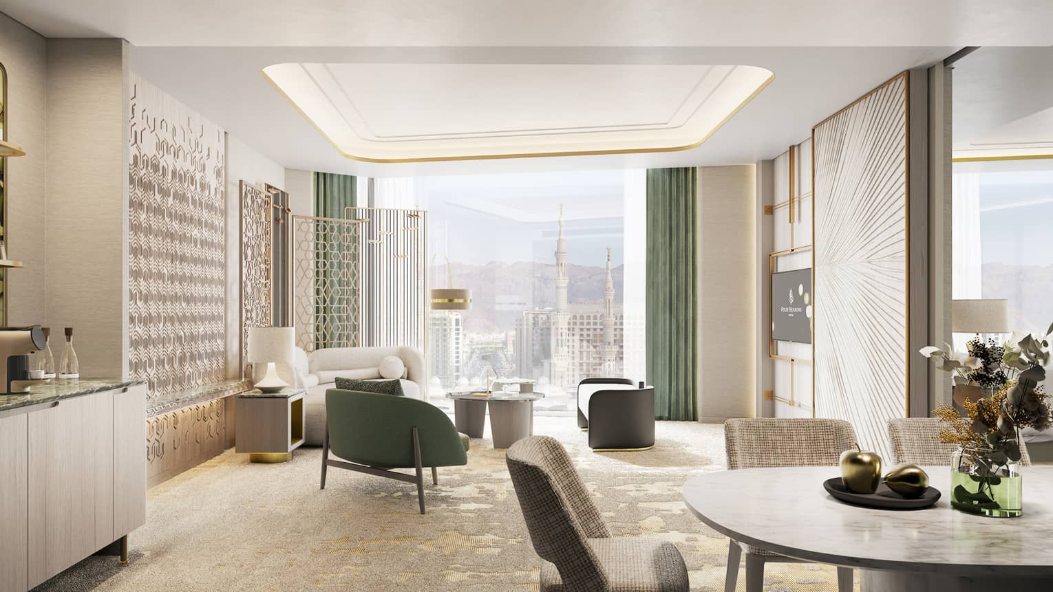 Rendering of guest room living room with floor-to-ceiling windows with views of cityscape