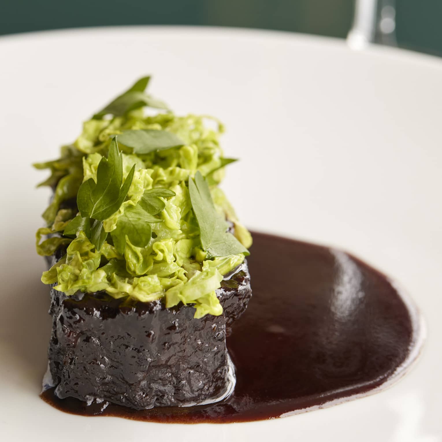Close-up view of main course artfully set on white plate, glistening sauce to the side, mound of delicate greens on top. 