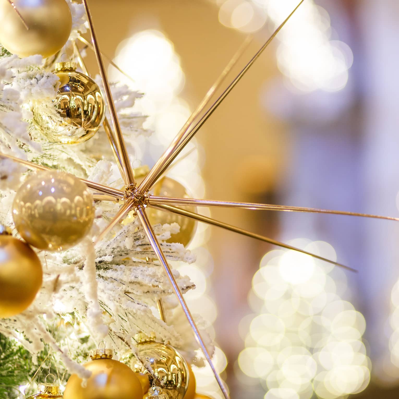 Close up of gold Christmas ornaments in the shape of a sphere and needles.