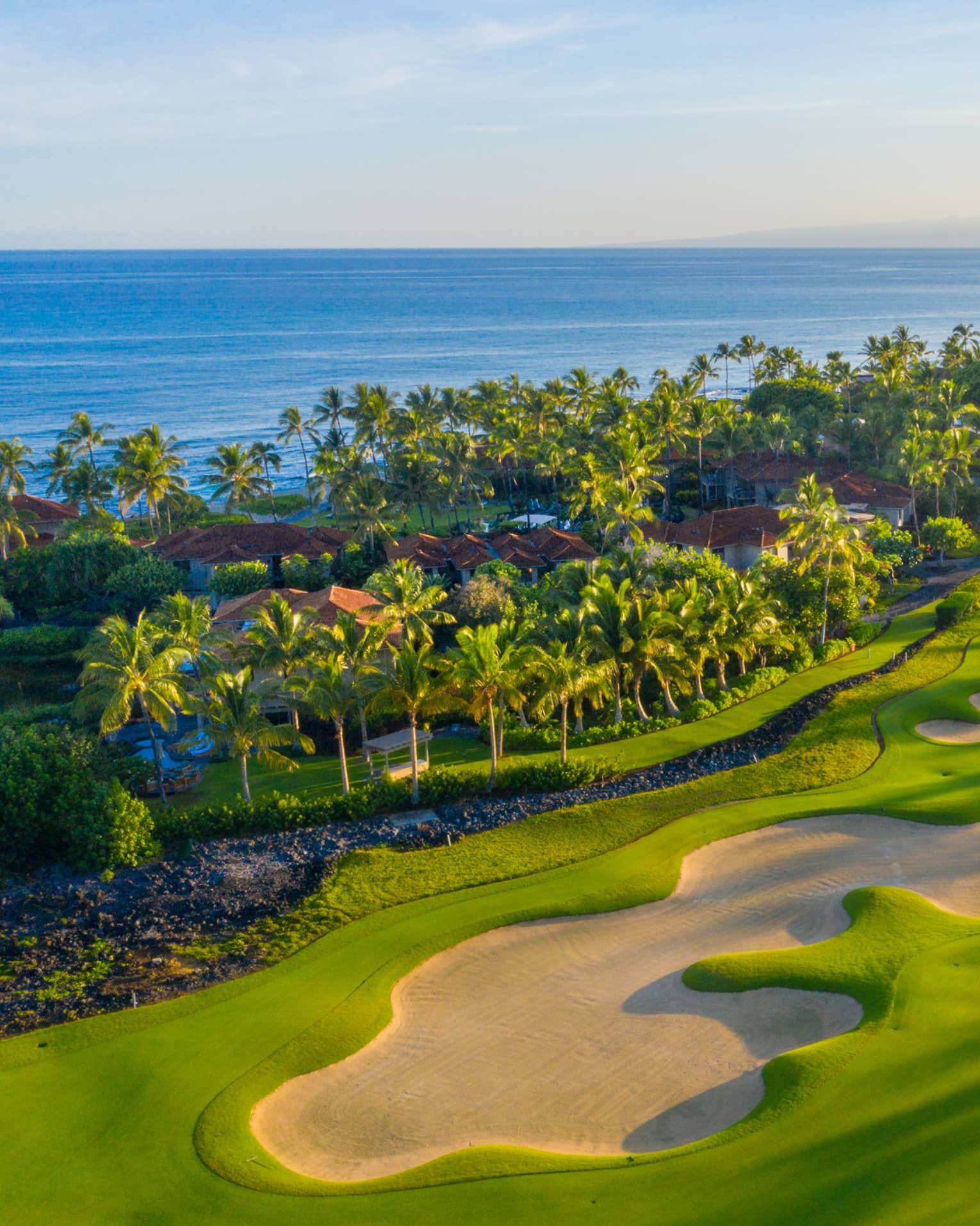 Aerial view of oceanfront Hawaiian golf course