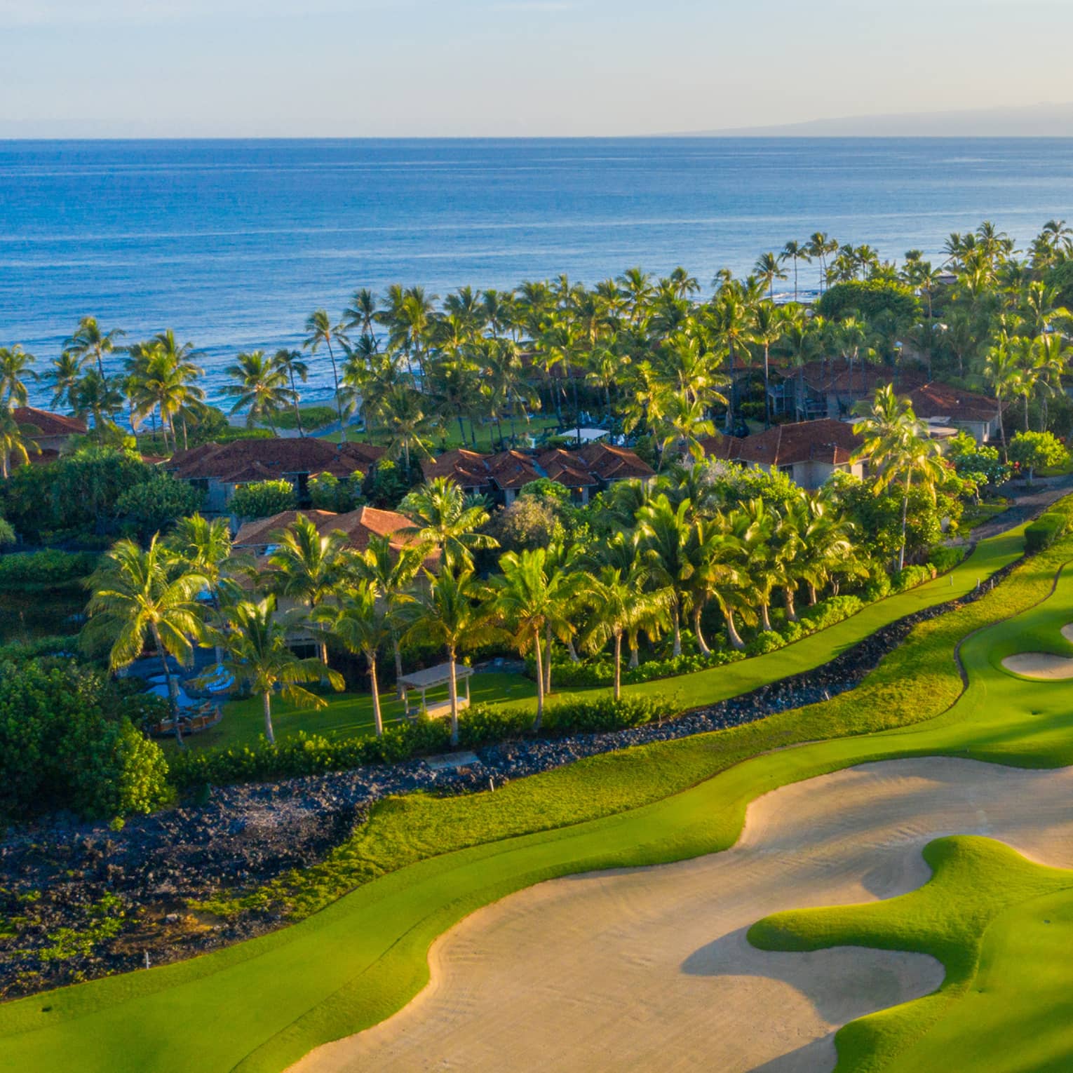 Aerial view of oceanfront Hawaiian golf course