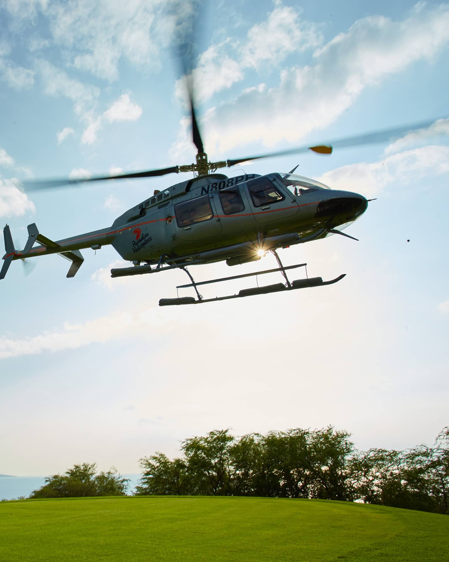 Helicopter hovers over green lawn under blue sky