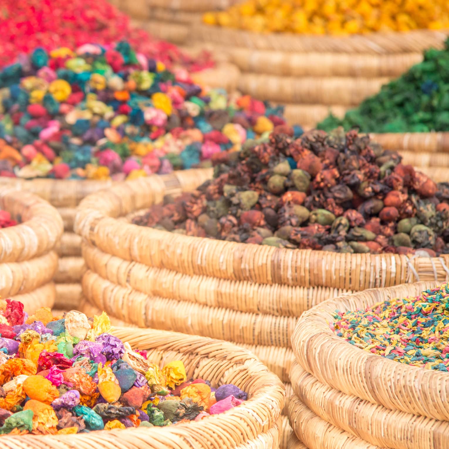 Rows of coiled baskets filled with a variety of bright and colorful spices