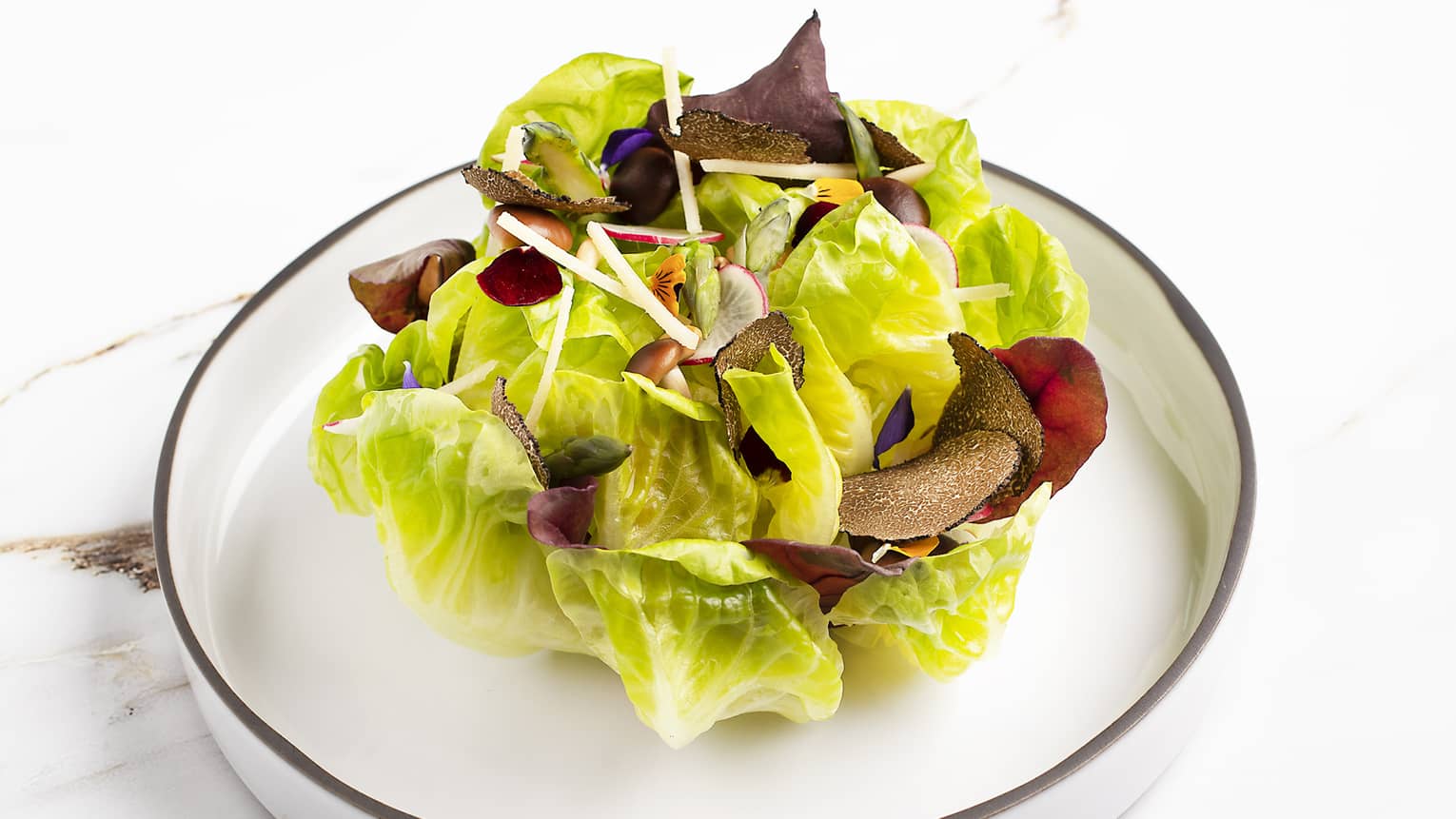 Butter lettuce, Parmesan cheese, truffle sauce, pine nuts and shaved white truffle on a white stoneware dish
