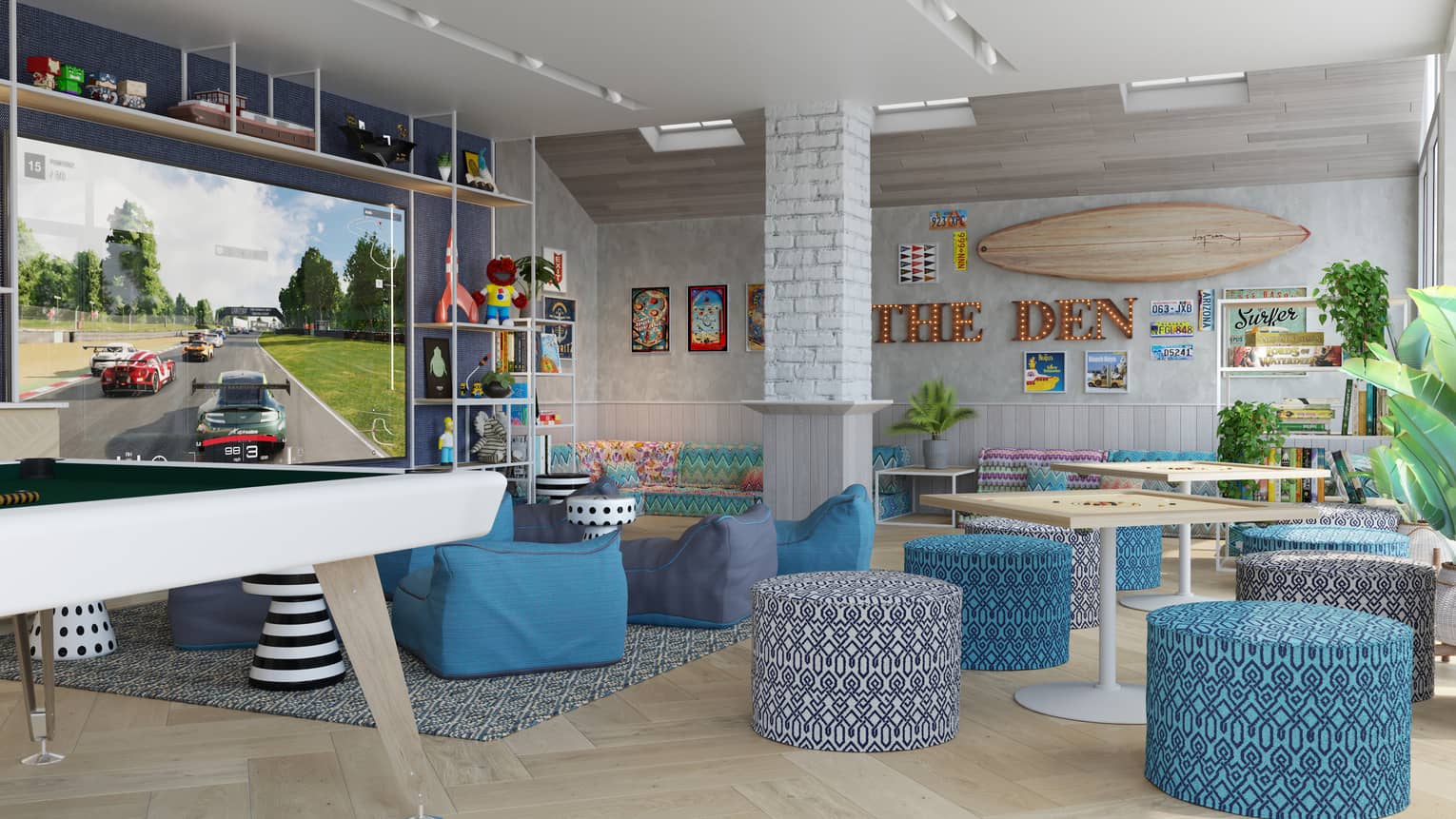 A series of circular blue seats situated amongst a variety of digital and physical games. 