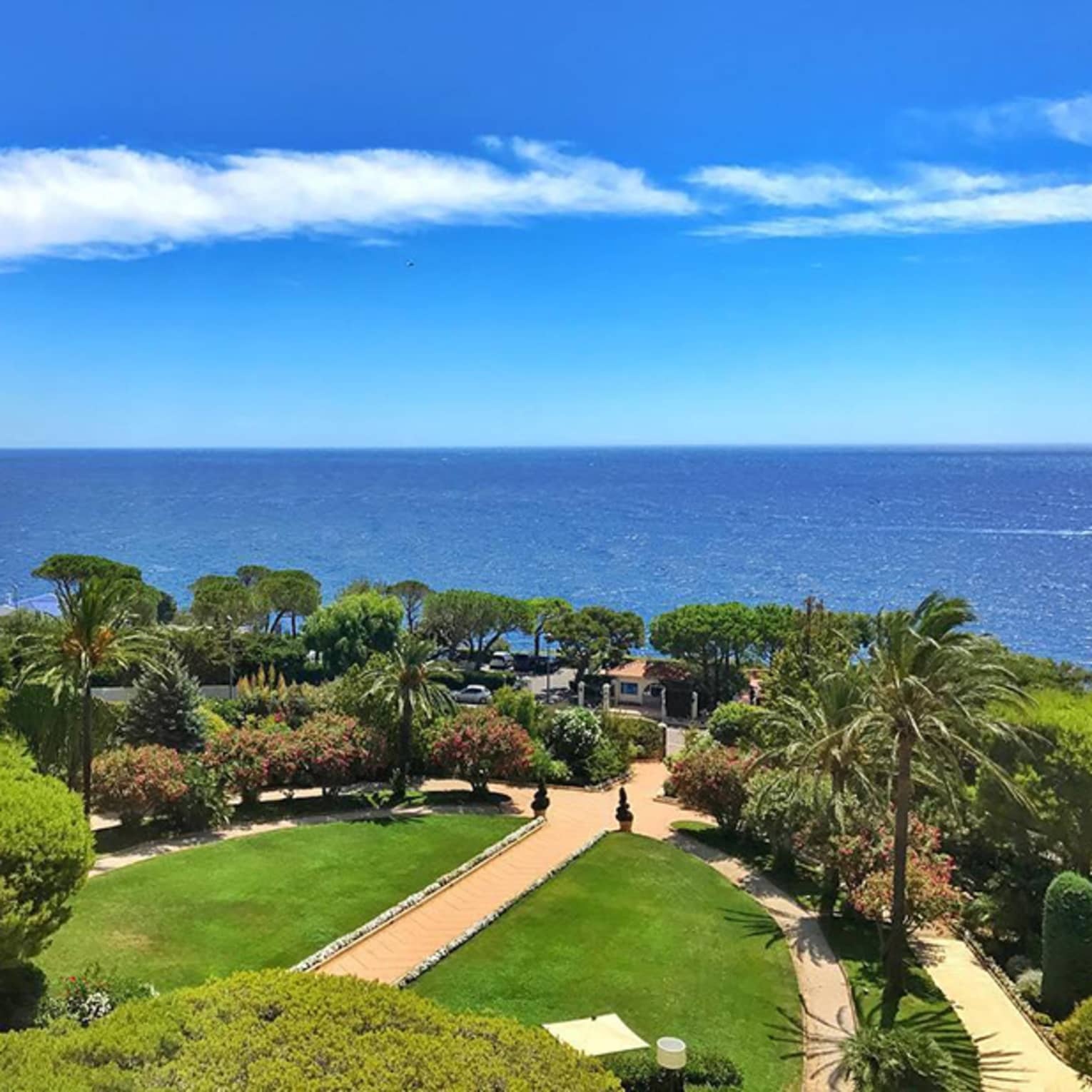 View across green lawn, trees and sea under blue sky 