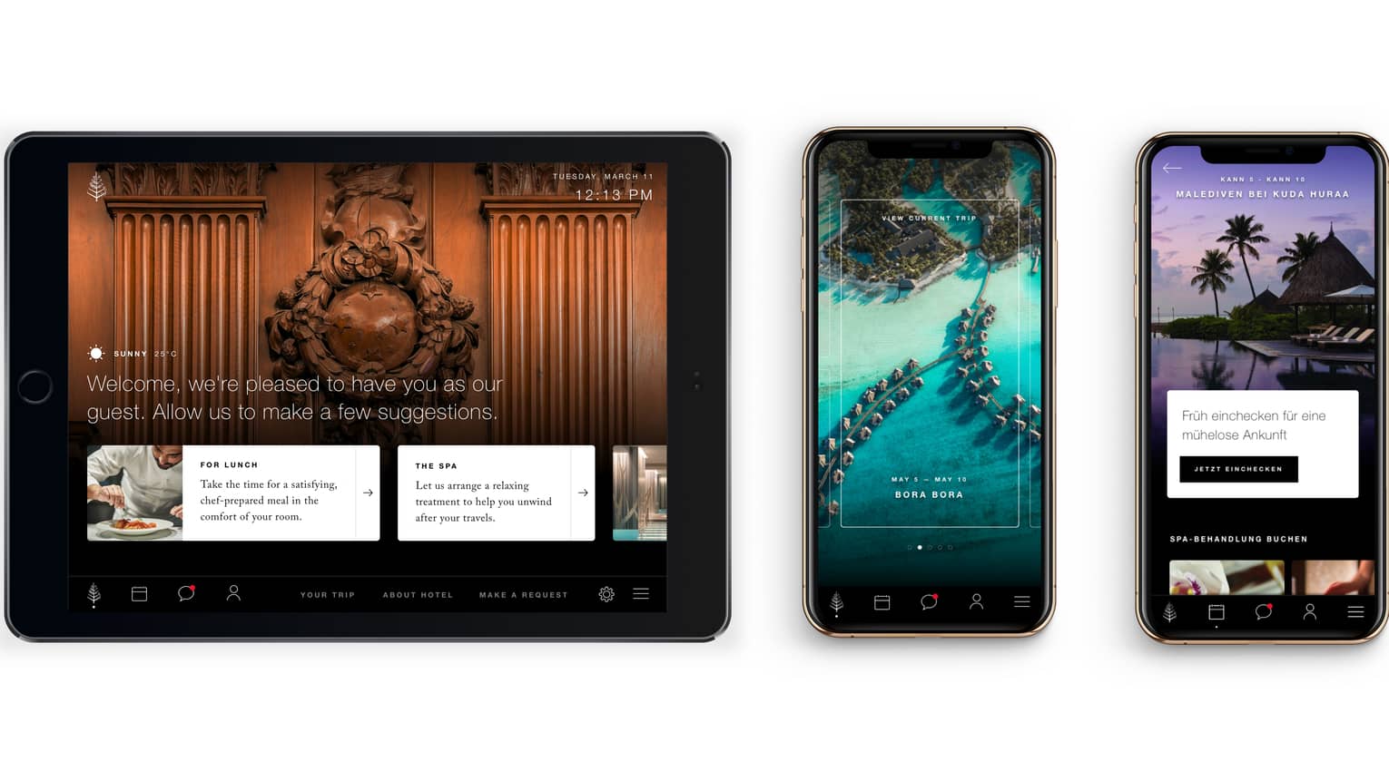 Image of tablet device displaying guest services welcome screen and two mobile phones with trip details