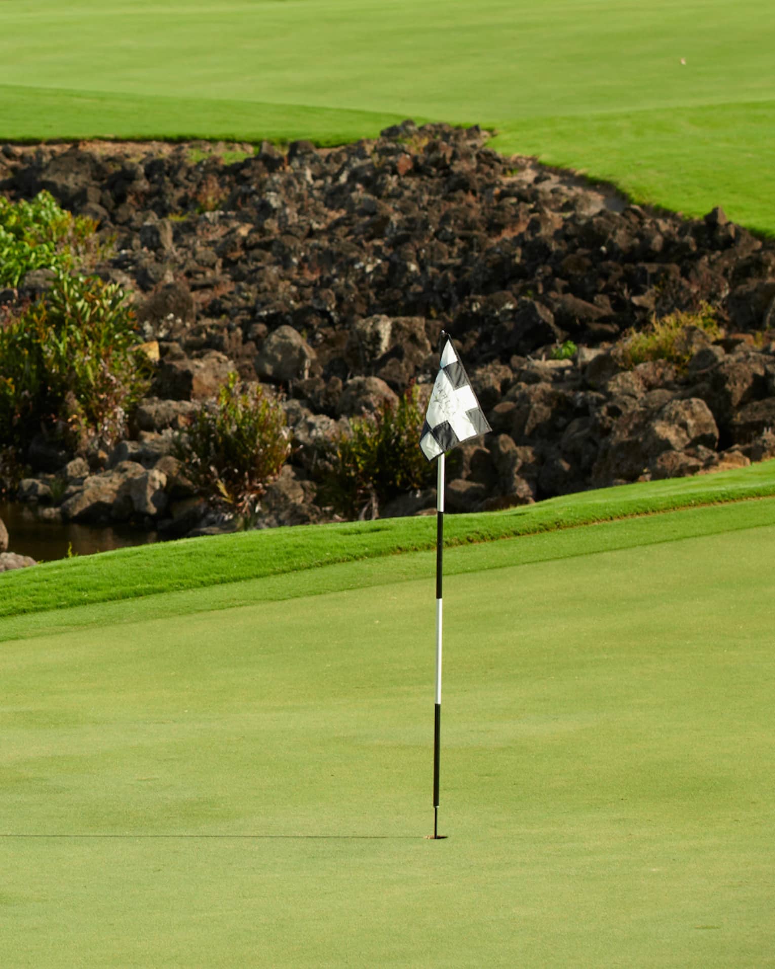 Flag, pole on golf course green near rocks, water 